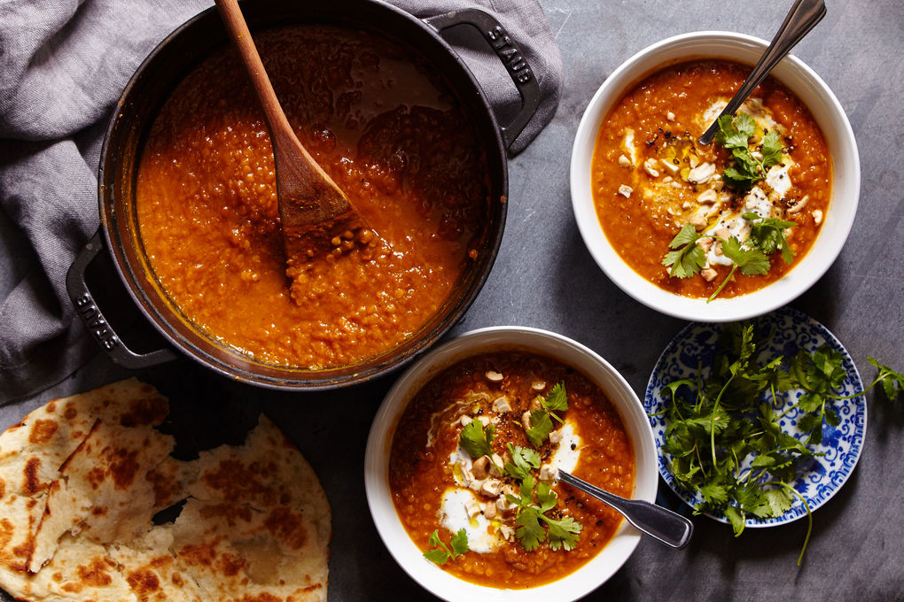 Red Lentil Curry Soup with Yogurt and Cashews