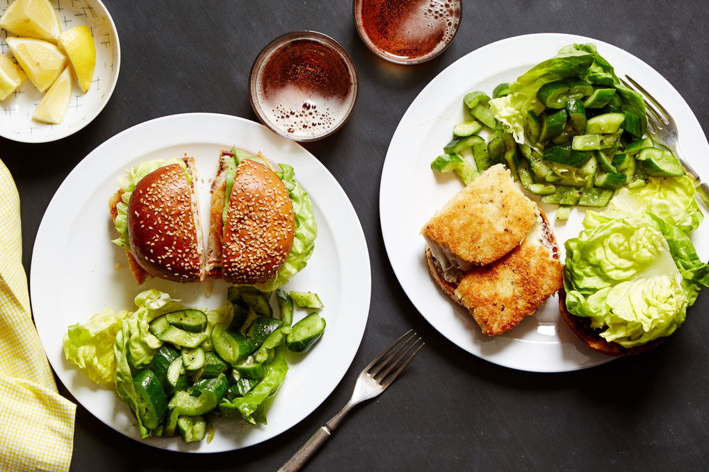 Fish Sandwich with Crushed Cucumber Salad
