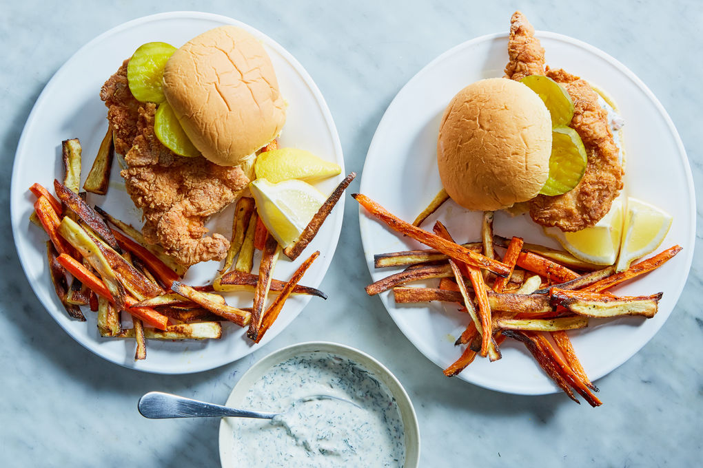 Fried Chicken Sandwiches with Root Vegetable Fries