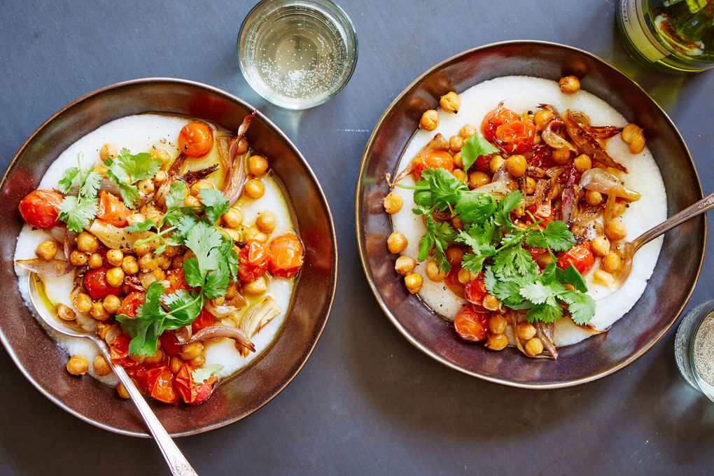 Crispy Chickpeas & Tomatoes with Garlicky Grits