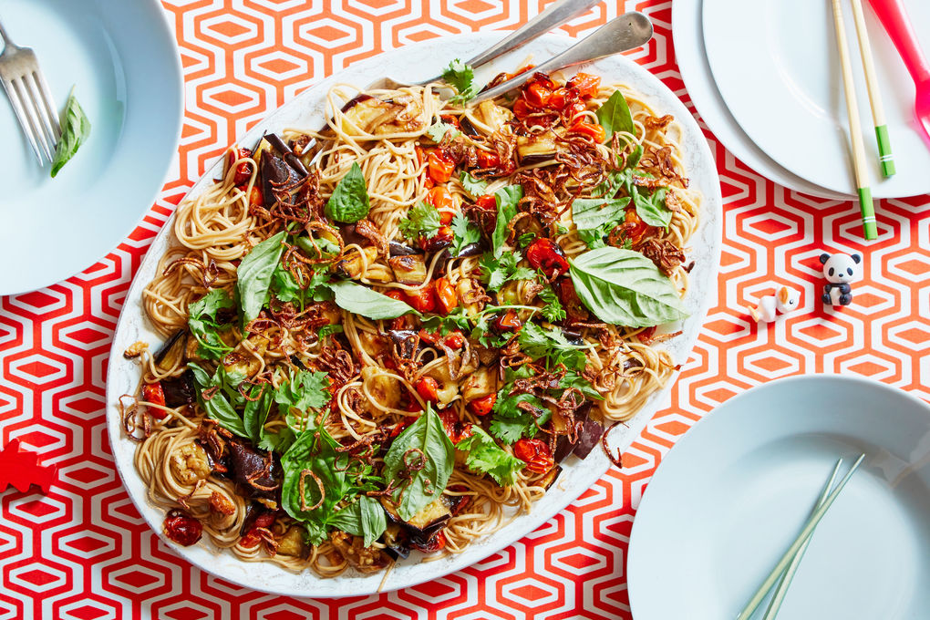 Noodles, Eggplant, & Tomatoes with Crispy Shallots