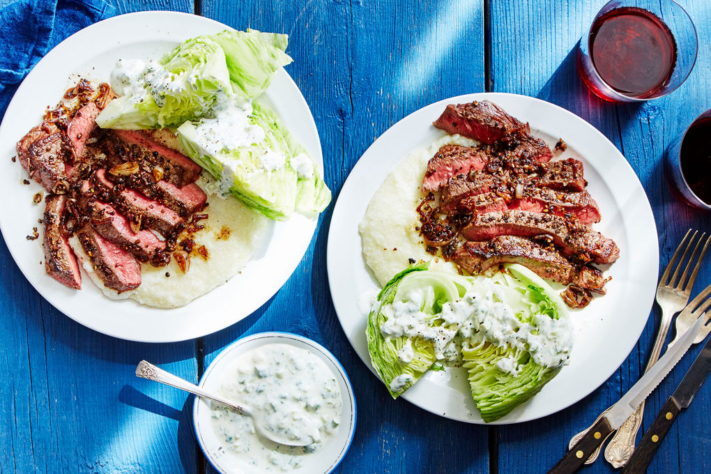 Peppered Steak and Grits with Wedge Salad & Ranch Dressing