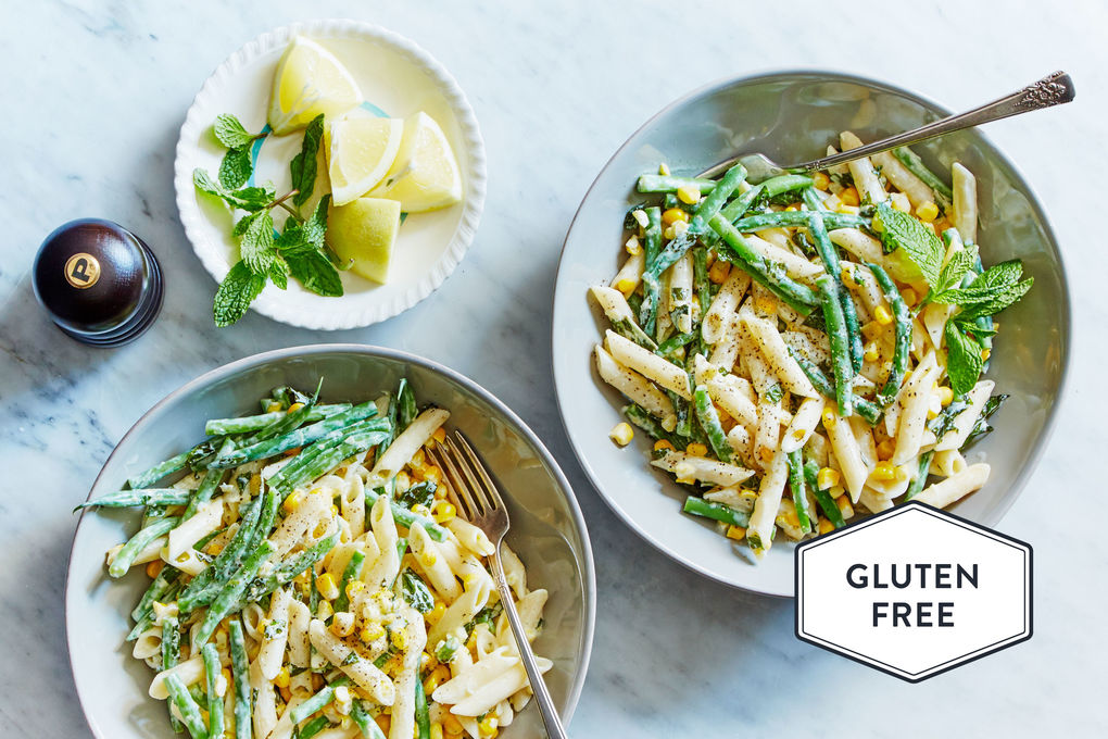 Gluten-Free Goat Cheese Pasta with Green Beans, Sweet Corn and Mint