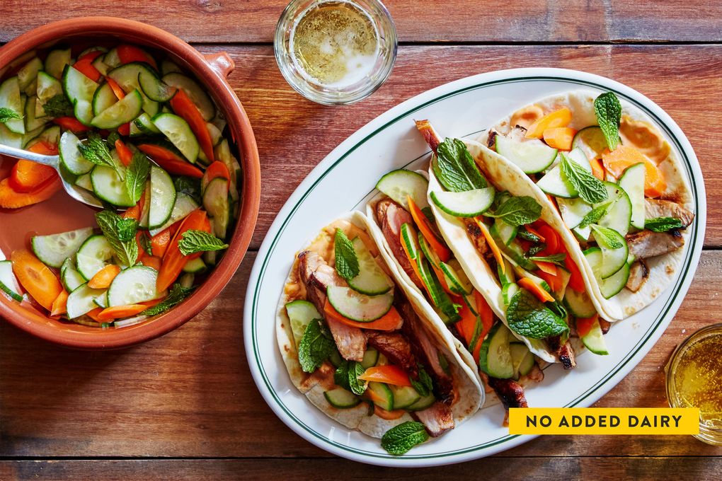 Pork Banh Mi Tacos with Sriracha Mayo & Mint