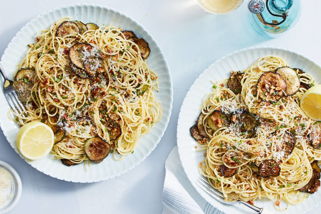 Pan-Roasted Zucchini Pasta with Pecans, Parmesan & Mint
