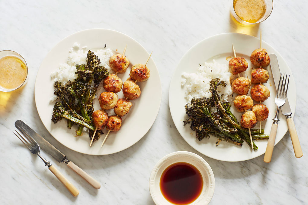 Japanese Chicken Meatballs with Broccolini in Miso Butter