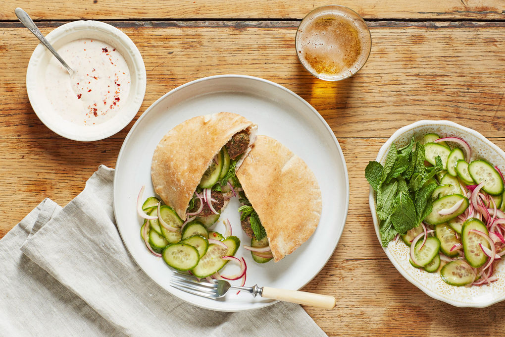 Lamb Meatball Pitas with Spiced Yogurt & Pickled Cucumber