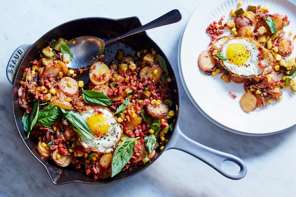 Corn and Zucchini Hash with Pancetta & Eggs