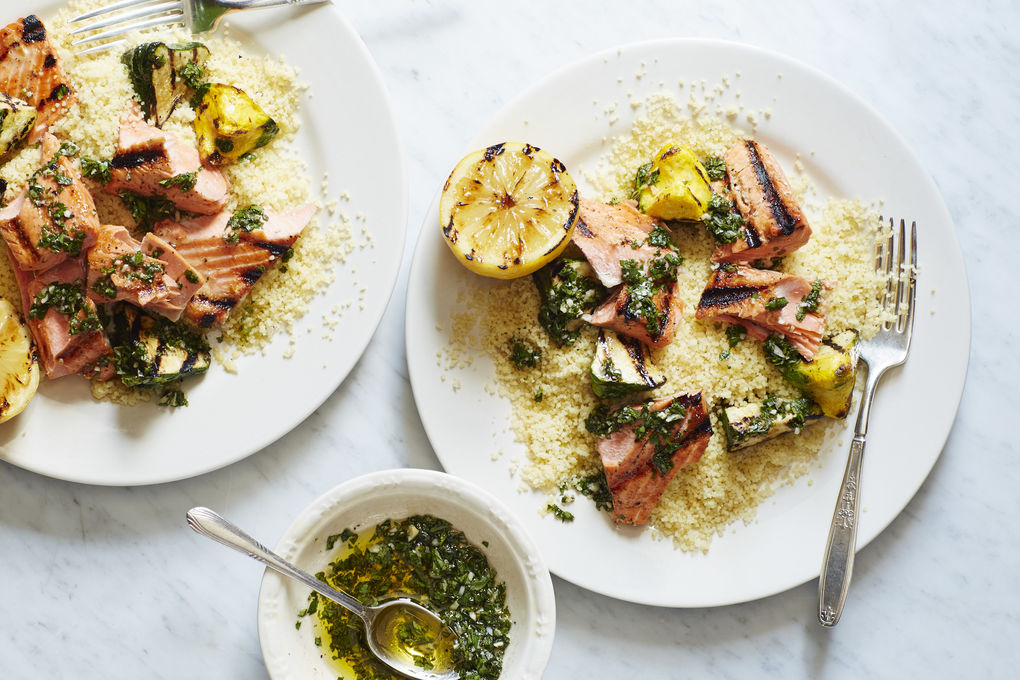 Grilled Salmon with Pattypan Squash, Couscous and Chimichurri