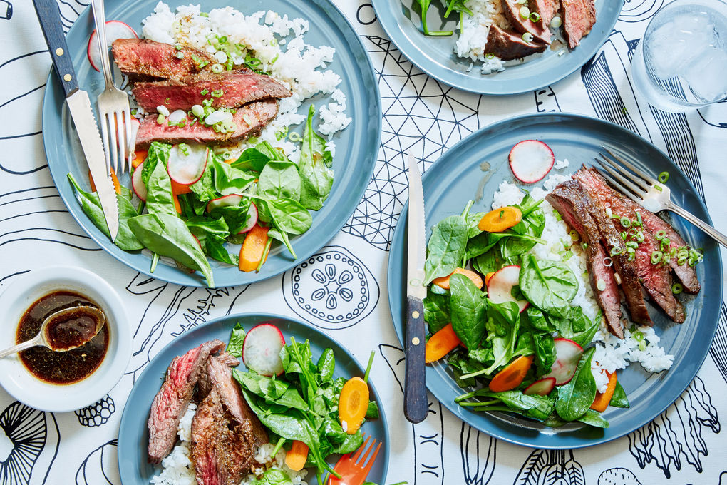 Sesame-Ginger Steak with Spinach Salad and Steamed Rice