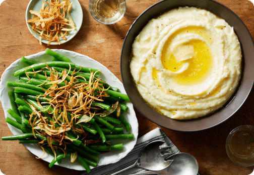 2-for-1 Sides! Cream Cheese Mashed Potatoes & Green Beans with Crispy Shallots & Lemon