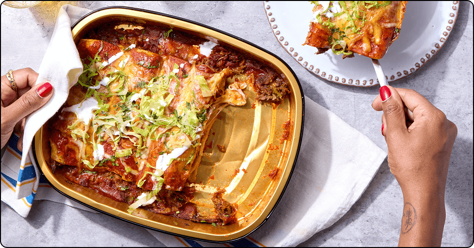 Braised Beef Enchiladas Rojas with Green Chiles & Sour Cream