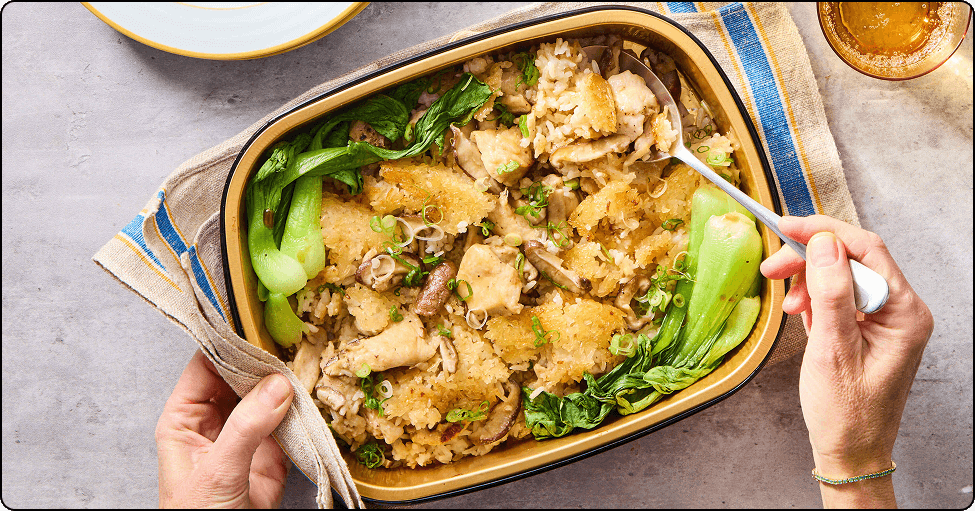 Claypot Style Baked Crispy Rice with Chicken, Mushrooms & Bok Choy