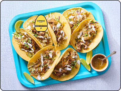 Express Recipe! Carnitas Tacos with Green Sauce, Sour Cream & Cilantro