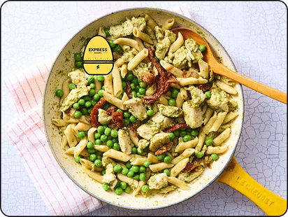 Express Recipe! Chicken Pesto Pasta with Sun-Dried Tomatoes & Peas