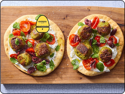Express Recipe! Falafel & Tzatziki Pita with Peppers, Olives & Mint