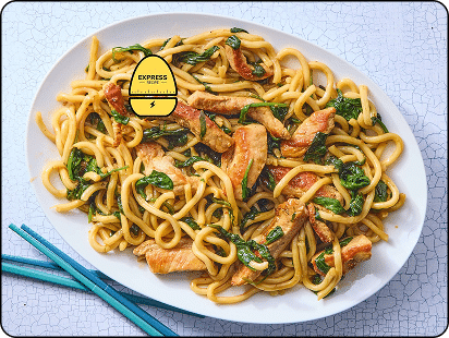 Express Recipe! Pork & Fresh Udon Stir-Fry with Spinach