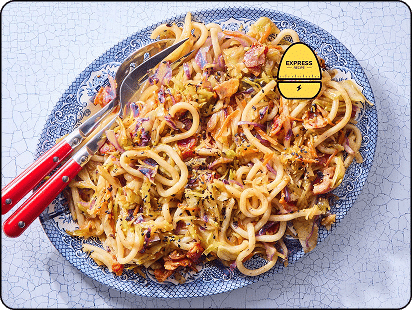 Express Recipe! Yaki Udon with Chicken Strips & Cabbage