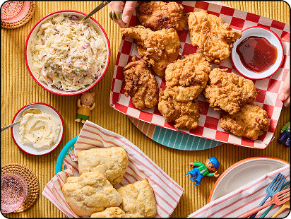 Family Friendly! Fried Chicken with Coleslaw, Biscuits & Hot Honey