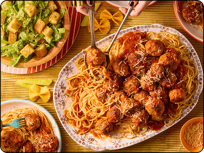 Family Friendly! Spaghetti & Meatballs with Beef & Pork Meatballs & Caesar Salad