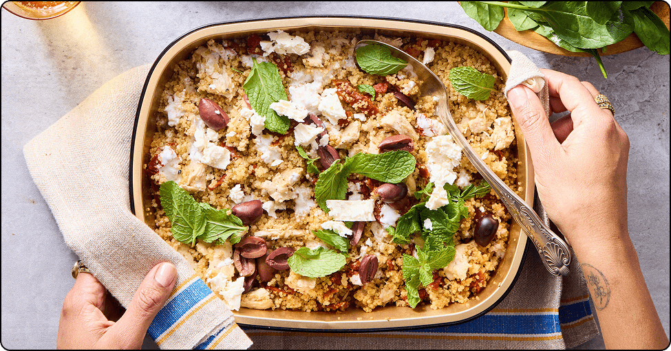 Mediterranean Quinoa Bake with Ready to Heat Chicken & Spinach Salad
