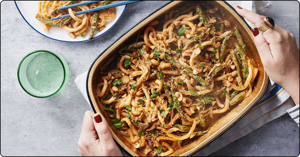 Peanut Udon Noodles with Green Beans & Crispy Onions