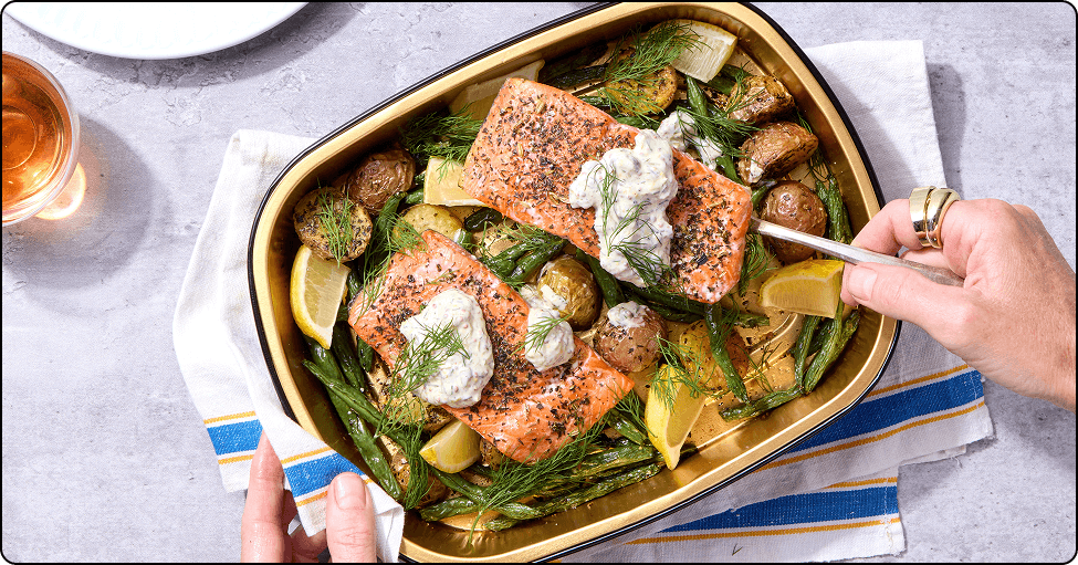 Salmon & Creamy Mustard Dill Sauce with Baby Potatoes & Green Beans