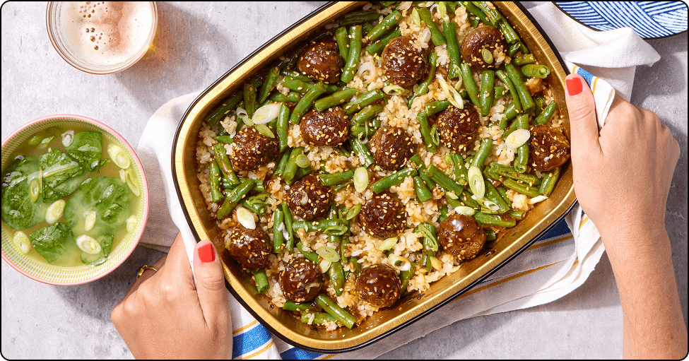 Teriyaki Meatballs & Green Beans with Jasmine Rice & Miso Soup