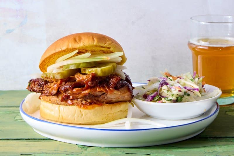 BBQ Rib Sandwiches with Pickes and Onions and Ranch Coleslaw
