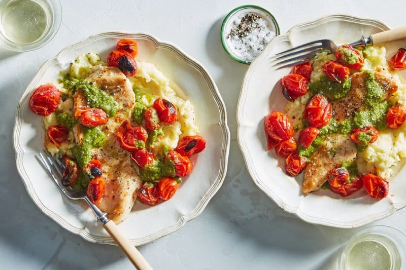 Broiled Chicken and Tomatoes with Creamy Mashed Potatoes and Pesto