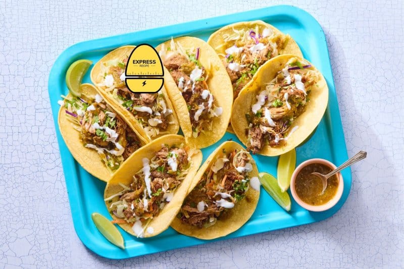 Carnitas Tacos with Green Sauce, Sour Cream and Cilantro