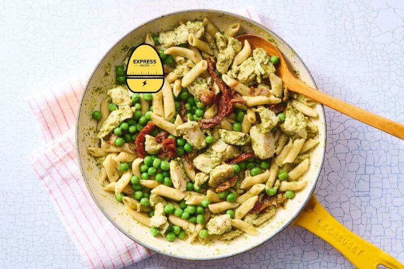 Chicken Pesto Pasta with Sun-Dried Tomatoes and Peas