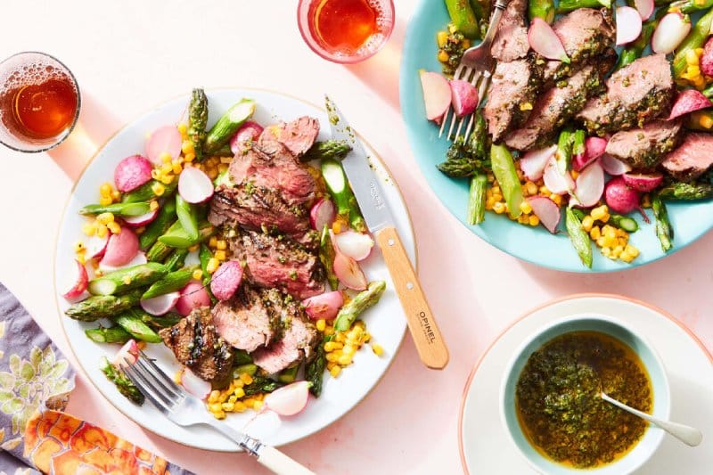Chimichurri Grilled Steak with Asparagus, Corn and Radishes