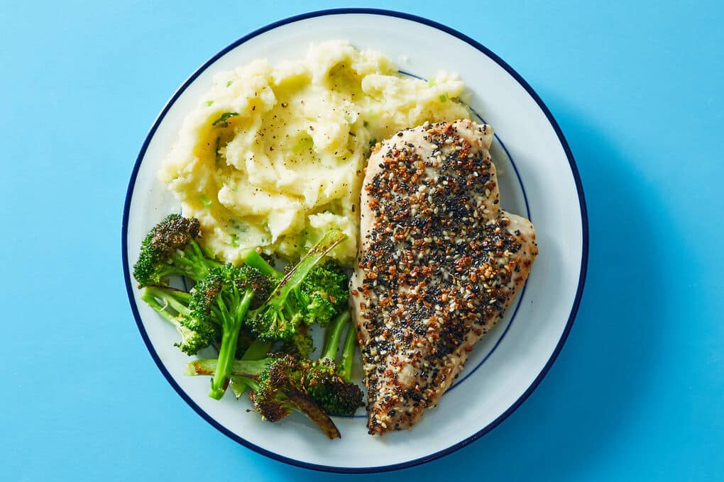 Everything Bagel-Spiced Chicken with Broccoli and Scallion Mashed Potatoes
