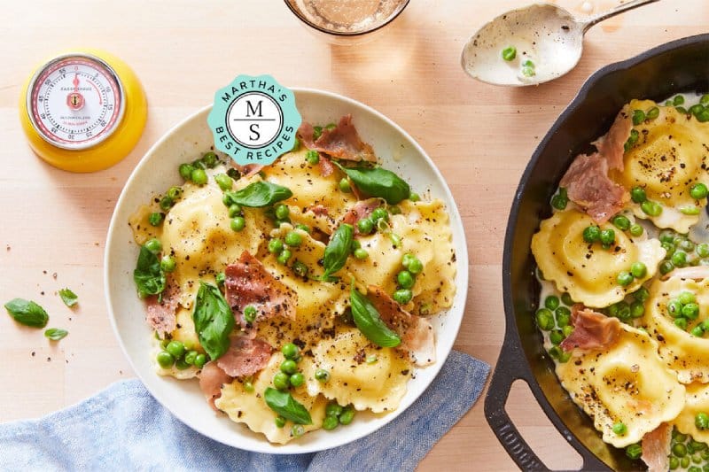 Martha's Best Burrata Ravioli and Prosciutto with Mint and Peas