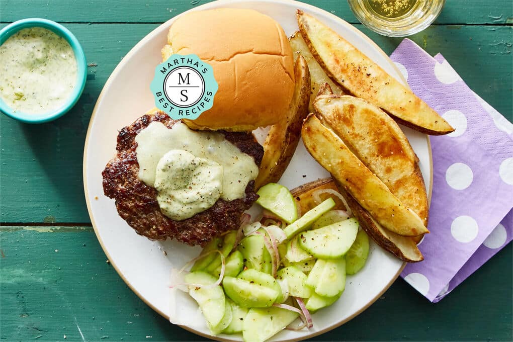 Martha's Best Cheeseburger and Potato Wedges with Special Sauce and Pickled Cucumbers