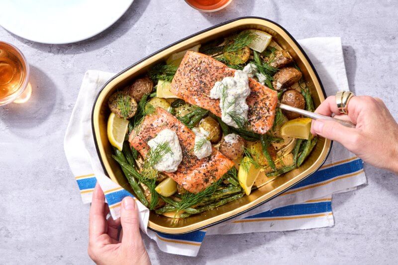 Salmon and Creamy Mustard Dill Sauce with Baby Potatoes and Green Beans