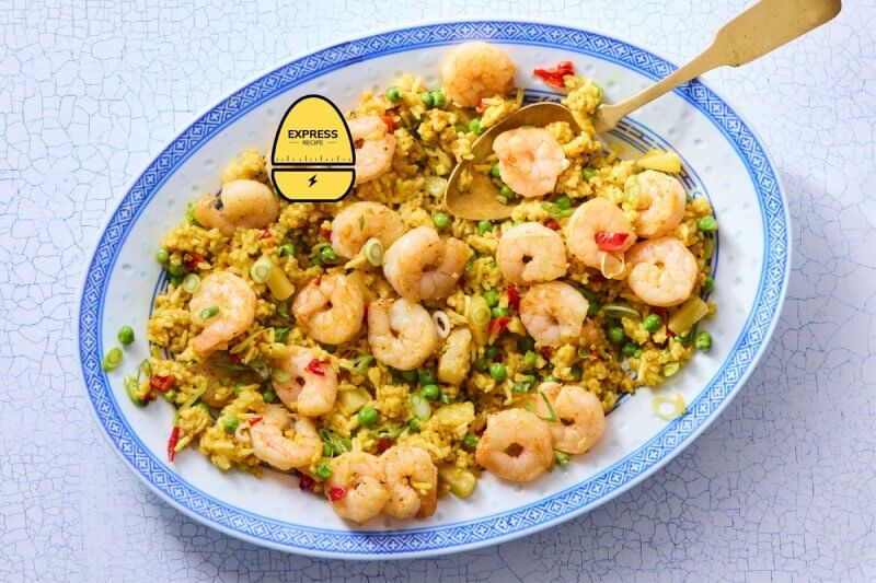 Shrimp and Pineapple Fried Rice with Peas and Roasted Red Peppers