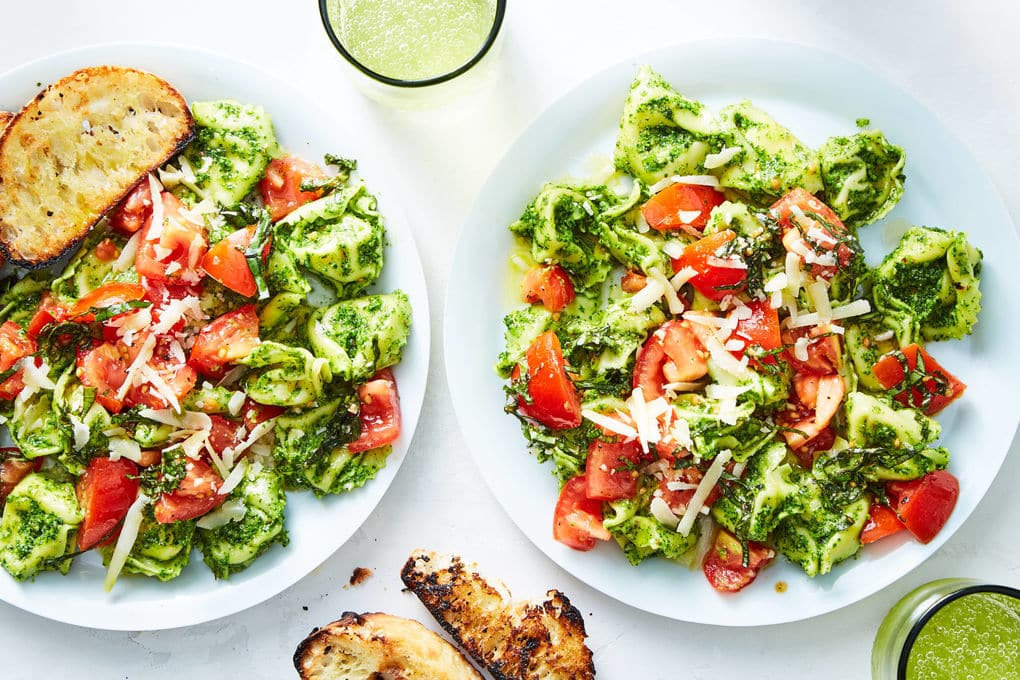 Tortelloni and Kale Pesto with Tomato-Herb Salad